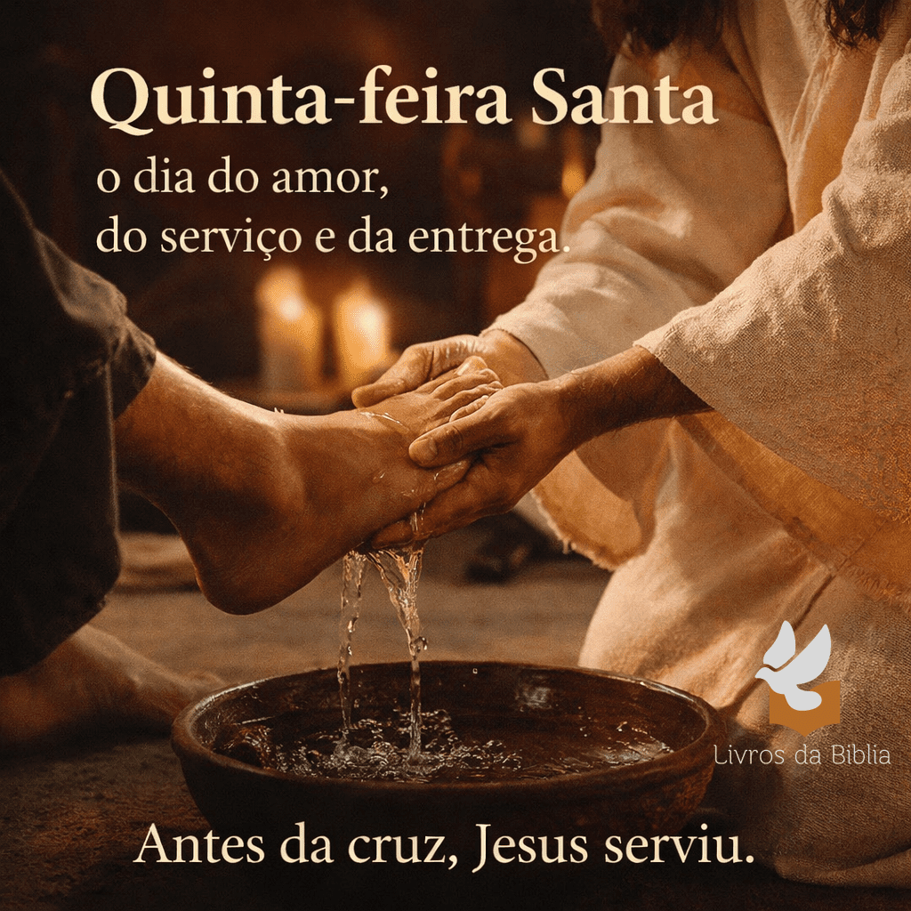 Ilustração da Quinta-feira Santa mostrando Jesus lavando os pés de um discípulo, com a mensagem sobre amor, serviço e entrega.